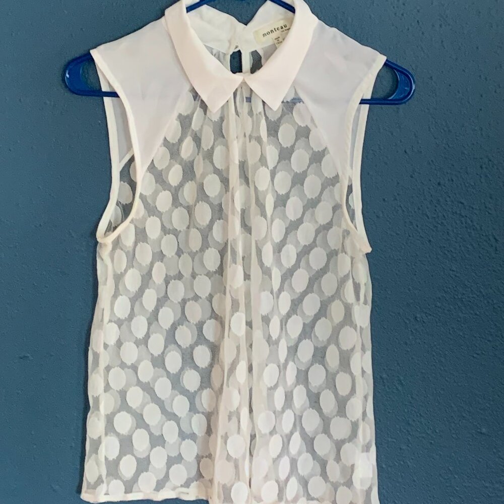 Sleeveless Sheer White Polka Dot Button Up, Size L